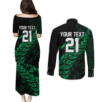 New Zealand Lawn Bowls Custom Couples Matching Puletasi and Long Sleeve Button Shirt Green Maori Warrior Tribal Silver Fern LT9 - Polynesian Pride