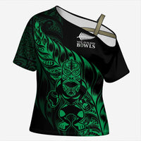 New Zealand Lawn Bowls Custom Cross Shoulder Shirt Green Maori Warrior Tribal Silver Fern LT9 Female Green - Polynesian Pride