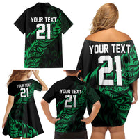 New Zealand Lawn Bowls Custom Family Matching Off Shoulder Short Dress and Hawaiian Shirt Green Maori Warrior Tribal Silver Fern LT9 - Polynesian Pride