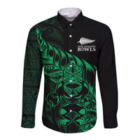 New Zealand Lawn Bowls Custom Long Sleeve Button Shirt Green Maori Warrior Tribal Silver Fern LT9 Unisex Green - Polynesian Pride