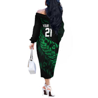 New Zealand Lawn Bowls Custom Off The Shoulder Long Sleeve Dress Green Maori Warrior Tribal Silver Fern LT9 - Polynesian Pride