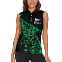 New Zealand Lawn Bowls Custom Women Sleeveless Polo Shirt Green Maori Warrior Tribal Silver Fern - Polynesian Pride