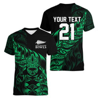 New Zealand Lawn Bowls Custom Women V-Neck T-Shirt Green Maori Warrior Tribal Silver Fern LT9 - Polynesian Pride