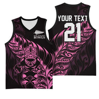 New Zealand Lawn Bowls Custom Basketball Jersey Pink Maori Warrior Tribal Silver Fern LT9 - Polynesian Pride