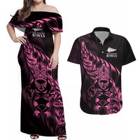 New Zealand Lawn Bowls Custom Couples Matching Off Shoulder Maxi Dress and Hawaiian Shirt Pink Maori Warrior Tribal Silver Fern LT9 Pink - Polynesian Pride