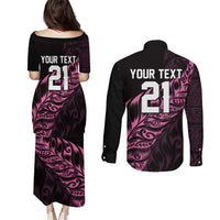 New Zealand Lawn Bowls Custom Couples Matching Puletasi and Long Sleeve Button Shirt Pink Maori Warrior Tribal Silver Fern LT9 - Polynesian Pride