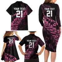 New Zealand Lawn Bowls Custom Family Matching Long Sleeve Bodycon Dress and Hawaiian Shirt Pink Maori Warrior Tribal Silver Fern LT9 - Polynesian Pride