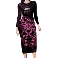 New Zealand Lawn Bowls Custom Family Matching Long Sleeve Bodycon Dress and Hawaiian Shirt Pink Maori Warrior Tribal Silver Fern LT9 Mom's Dress Pink - Polynesian Pride