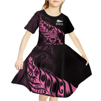 New Zealand Lawn Bowls Custom Kid Short Sleeve Dress Pink Maori Warrior Tribal Silver Fern LT9 - Polynesian Pride