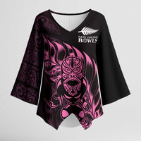 New Zealand Lawn Bowls Custom Kimono Sleeve Blouse Pink Maori Warrior Tribal Silver Fern LT9 Female Pink - Polynesian Pride