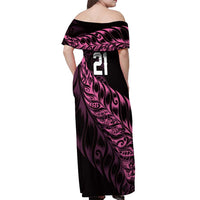New Zealand Lawn Bowls Custom Off Shoulder Maxi Dress Pink Maori Warrior Tribal Silver Fern LT9 - Polynesian Pride