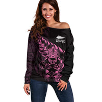 New Zealand Lawn Bowls Custom Off Shoulder Sweater Pink Maori Warrior Tribal Silver Fern LT9 Women Pink - Polynesian Pride