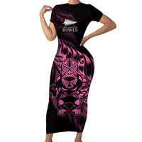 New Zealand Lawn Bowls Custom Short Sleeve Bodycon Dress Pink Maori Warrior Tribal Silver Fern LT9 Long Dress Pink - Polynesian Pride