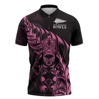 New Zealand Lawn Bowls Custom Zipper Polo Shirt Pink Maori Warrior Tribal Silver Fern - Polynesian Pride