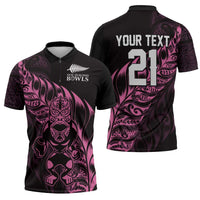 New Zealand Lawn Bowls Custom Zipper Polo Shirt Pink Maori Warrior Tribal Silver Fern LT9 - Polynesian Pride