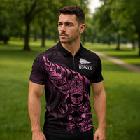 New Zealand Lawn Bowls Custom Zipper Polo Shirt Pink Maori Warrior Tribal Silver Fern - Polynesian Pride