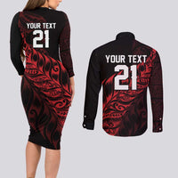New Zealand Lawn Bowls Custom Couples Matching Long Sleeve Bodycon Dress and Long Sleeve Button Shirt Red Maori Warrior Tribal Silver Fern LT9 - Polynesian Pride