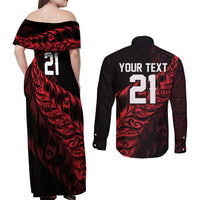 New Zealand Lawn Bowls Custom Couples Matching Off Shoulder Maxi Dress and Long Sleeve Button Shirt Red Maori Warrior Tribal Silver Fern LT9 - Polynesian Pride