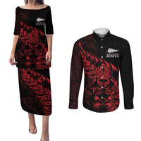 New Zealand Lawn Bowls Custom Couples Matching Puletasi and Long Sleeve Button Shirt Red Maori Warrior Tribal Silver Fern LT9 Red - Polynesian Pride