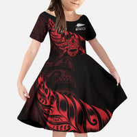 New Zealand Lawn Bowls Custom Family Matching Off The Shoulder Long Sleeve Dress and Hawaiian Shirt Red Maori Warrior Tribal Silver Fern LT9 Daughter's Dress Red - Polynesian Pride