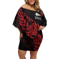 New Zealand Lawn Bowls Custom Family Matching Off Shoulder Short Dress and Hawaiian Shirt Red Maori Warrior Tribal Silver Fern LT9 Mom's Dress Red - Polynesian Pride