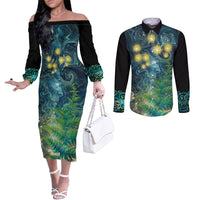 New Zealand Matariki Waipuna-a-rangi Couples Matching Off The Shoulder Long Sleeve Dress and Long Sleeve Button Shirt He Roimata o Rangi LT9 Black - Polynesian Pride