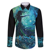 New Zealand Matariki Hiwa-i-te-rangi Family Matching Off Shoulder Short Dress and Hawaiian Shirt Titiro ki nga Whetu Wishing Star LT9 Dad's Shirt - Long Sleeve Black - Polynesian Pride