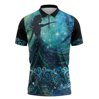 New Zealand Matariki Hiwa-i-te-rangi Zipper Polo Shirt Titiro ki nga Whetu Wishing Star LT9 Black - Polynesian Pride