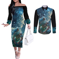 New Zealand Matariki Ururangi Couples Matching Off The Shoulder Long Sleeve Dress and Long Sleeve Button Shirt The Murmur Of The Wind LT9 Black - Polynesian Pride