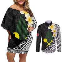 Alo Chiefdom Wallis and Futuna Personalized Couples Matching Off Shoulder Short Dress and Long Sleeve Button Shirt Frangipani Flowers Polynesian Pattern LT9 Black - Polynesian Pride