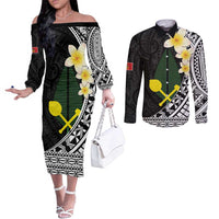 Alo Chiefdom Wallis and Futuna Personalized Couples Matching Off The Shoulder Long Sleeve Dress and Long Sleeve Button Shirt Frangipani Flowers Polynesian Pattern LT9 Black - Polynesian Pride