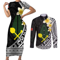 Alo Chiefdom Wallis and Futuna Personalized Couples Matching Short Sleeve Bodycon Dress and Long Sleeve Button Shirt Frangipani Flowers Polynesian Pattern LT9 Black - Polynesian Pride