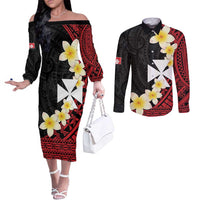 Uvea Chiefdom Wallis and Futuna Personalized Couples Matching Off The Shoulder Long Sleeve Dress and Long Sleeve Button Shirt Frangipani Flowers Polynesian Pattern LT9 Red - Polynesian Pride