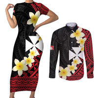 Uvea Chiefdom Wallis and Futuna Personalized Couples Matching Short Sleeve Bodycon Dress and Long Sleeve Button Shirt Frangipani Flowers Polynesian Pattern LT9 Red - Polynesian Pride