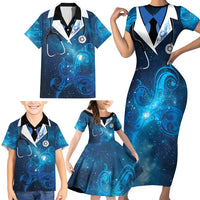New Zealand Nurses RN Personalised Family Matching Short Sleeve Bodycon Dress and Hawaiian Shirt Galaxy Stethoscope Maori Motif LT9 - Polynesian Pride
