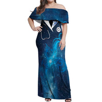 New Zealand Nurses RN Personalised Off Shoulder Maxi Dress Galaxy Stethoscope Maori Motif