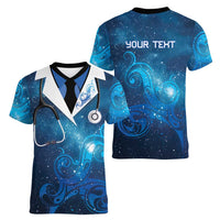 New Zealand Nurses RN Personalised Women V-Neck T-Shirt Galaxy Stethoscope Maori Motif LT9 - Polynesian Pride