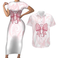 New Zealand Nurses RN Personalised Couples Matching Short Sleeve Bodycon Dress and Hawaiian Shirt Pink Stethoscope Coquette Bow Maori Motif LT9 Pink - Polynesian Pride