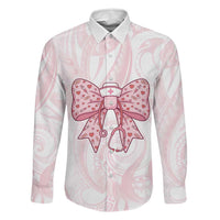 New Zealand Nurses RN Personalised Family Matching Off The Shoulder Long Sleeve Dress and Hawaiian Shirt Pink Stethoscope Coquette Bow Maori Motif LT9 Dad's Shirt - Long Sleeve Pink - Polynesian Pride
