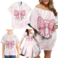 New Zealand Nurses RN Personalised Family Matching Off Shoulder Short Dress and Hawaiian Shirt Pink Stethoscope Coquette Bow Maori Motif LT9 - Polynesian Pride