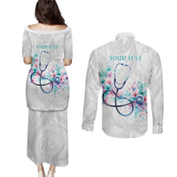 New Zealand Nurses RN Personalised Couples Matching Puletasi and Long Sleeve Button Shirt Stethoscope Floral Maori Motif LT9 - Polynesian Pride