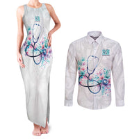 New Zealand Nurses RN Personalised Couples Matching Tank Maxi Dress and Long Sleeve Button Shirt Stethoscope Floral Maori Motif LT9 White - Polynesian Pride