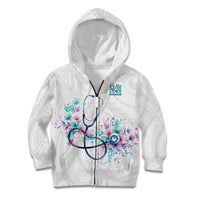 New Zealand Nurses RN Personalised Kid Hoodie Stethoscope Floral Maori Motif LT9 Zip Hoodie White - Polynesian Pride