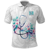 New Zealand Nurses RN Personalised Polo Shirt Stethoscope Floral Maori Motif LT9 White - Polynesian Pride