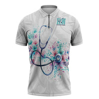 New Zealand Nurses RN Personalised Zipper Polo Shirt Stethoscope Floral Maori Motif LT9 White - Polynesian Pride