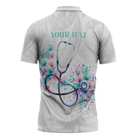 New Zealand Nurses RN Personalised Zipper Polo Shirt Stethoscope Floral Maori Motif LT9 - Polynesian Pride