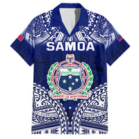 Personalised Samoa Coat Of Arms Family Matching Off The Shoulder Long Sleeve Dress and Hawaiian Shirt With Polynesian Pattern Version LT9 Dad's Shirt - Short Sleeve Blue - Polynesian Pride