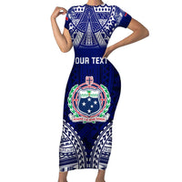 Personalised Samoa Coat Of Arms Family Matching Short Sleeve Bodycon Dress and Hawaiian Shirt With Polynesian Pattern Version LT9 Mom's Dress Blue - Polynesian Pride