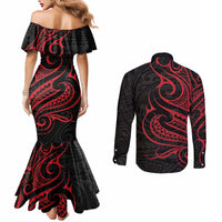 Tahitian Coat Of Arm and Tiare Flower Couples Matching Mermaid Dress and Long Sleeve Button Shirt Polynesian Tribal Tattoo LT9 - Polynesian Pride