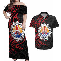 Tahitian Coat Of Arm and Tiare Flower Couples Matching Off Shoulder Maxi Dress and Hawaiian Shirt Polynesian Tribal Tattoo LT9 Black - Polynesian Pride
